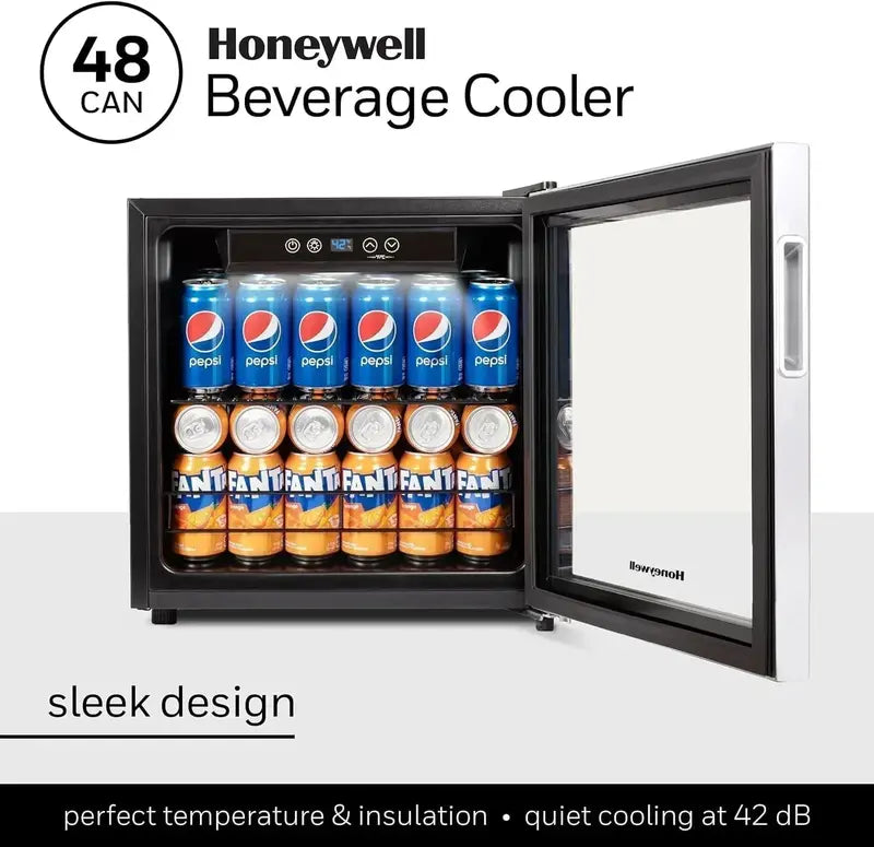 Honeywell 115-Can Beverage Cooler with Tempered Glass Door  Compact Mini Fridge for Soda, Beer, or Wine