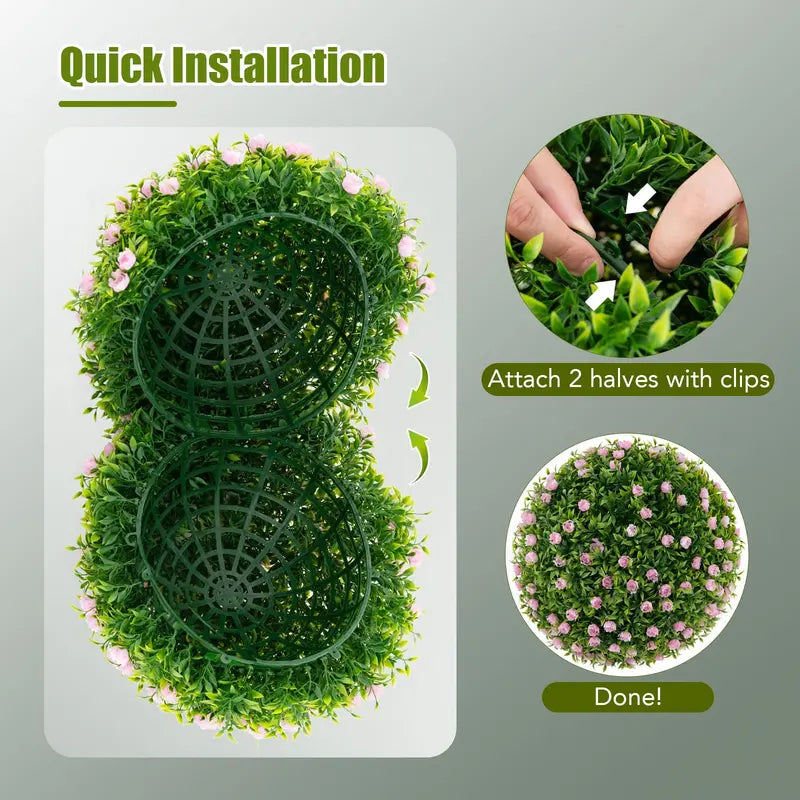 Dual 17.5-Inch Faux Greenery Topiary Balls with Pink Floral Accents for Exterior Use