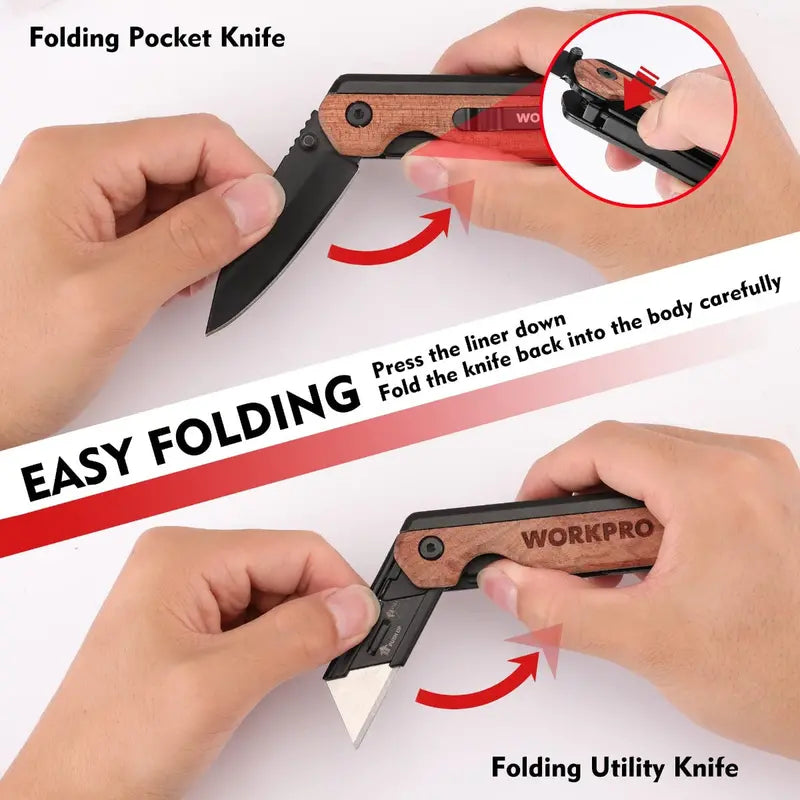 WORKPRO Folding 2-in-1 Utility Knife with 10 Extra SK5 Replacement Blades