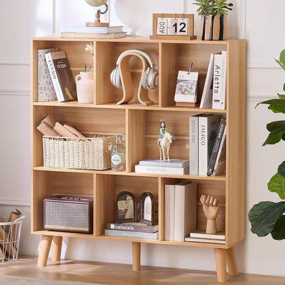 LEYAOYAO Natural Wood 7-Cube Bookshelf  Modern Open-Back Storage Unit with Solid Legs