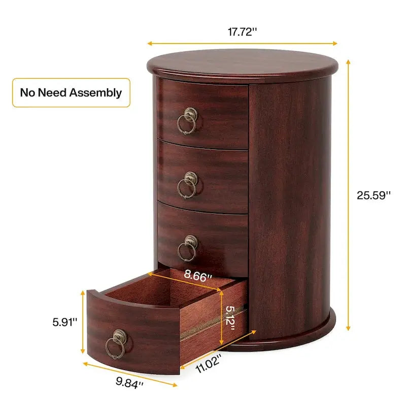 No-Assembly Vintage End Table  Solid Wood Round Side Table with Drawers