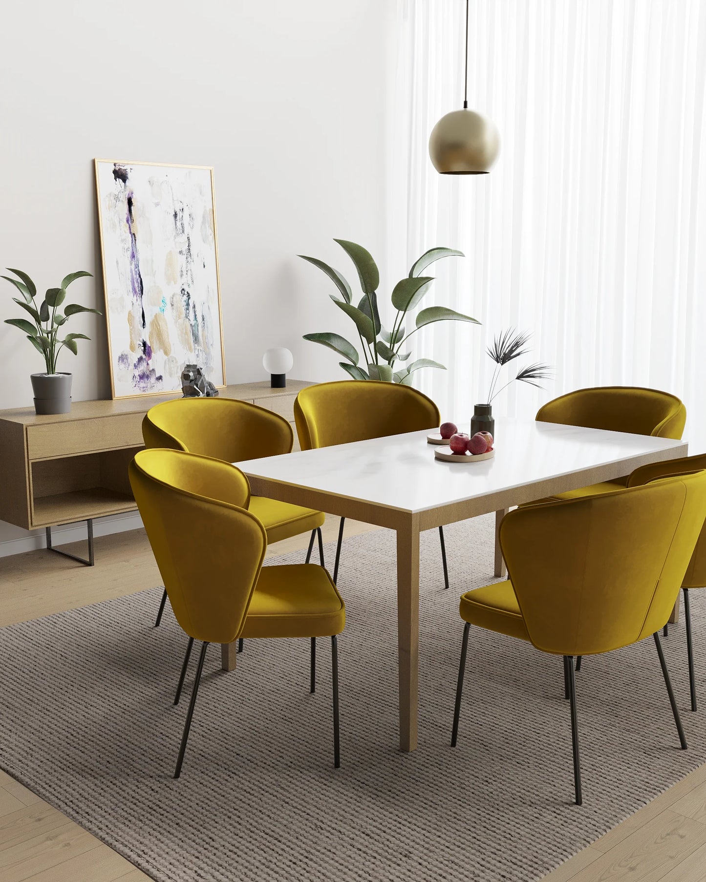 Chaise en velours jaune moutarde