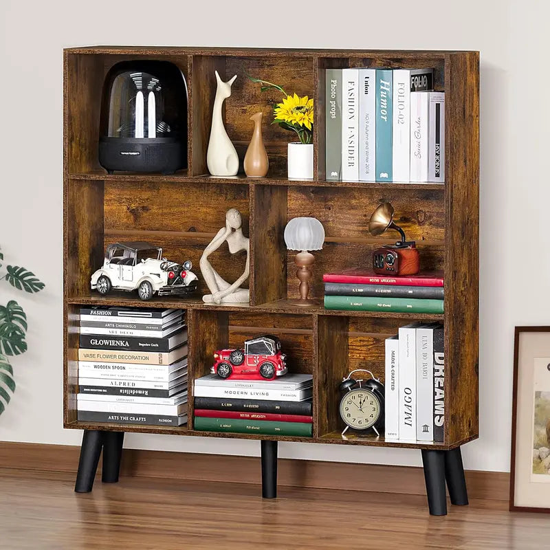LEYAOYAO Natural Wood 7-Cube Bookshelf  Modern Open-Back Storage Unit with Solid Legs