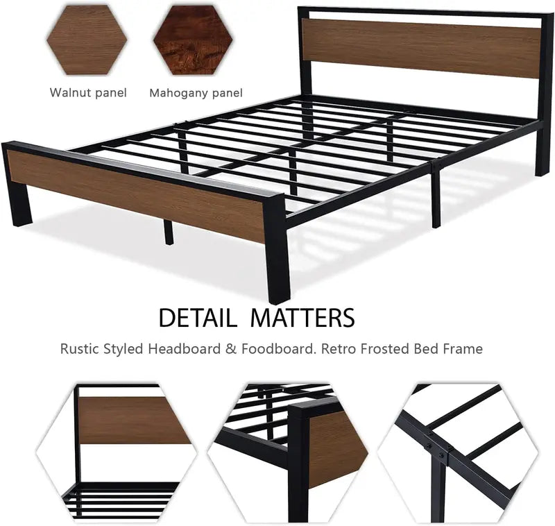 SHA CERLIN Queen Metal Platform Bed  14-Inch Frame with Wooden Headboard &amp; Footboard