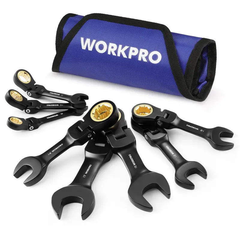 WORKPRO 8-Piece Flex-Head Stubby Wrench Set — Anti-Slip Design with Compact Rolling Pouch