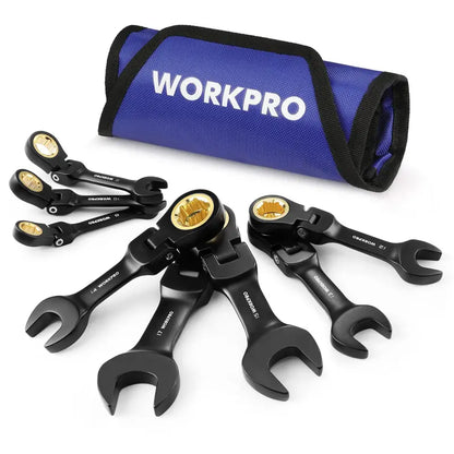 WORKPRO 8-Piece Flex-Head Stubby Wrench Set — Anti-Slip Design with Compact Rolling Pouch