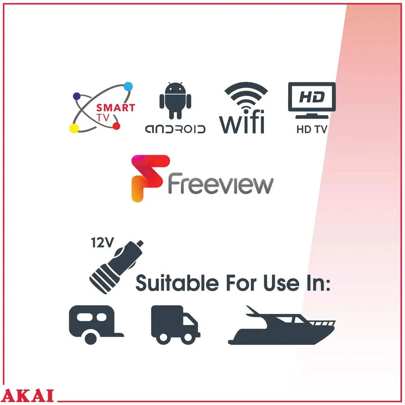 Akai 24-Inch 12V Portable HD Smart LED TV  Battery-Operated, Compact Entertainment Solution