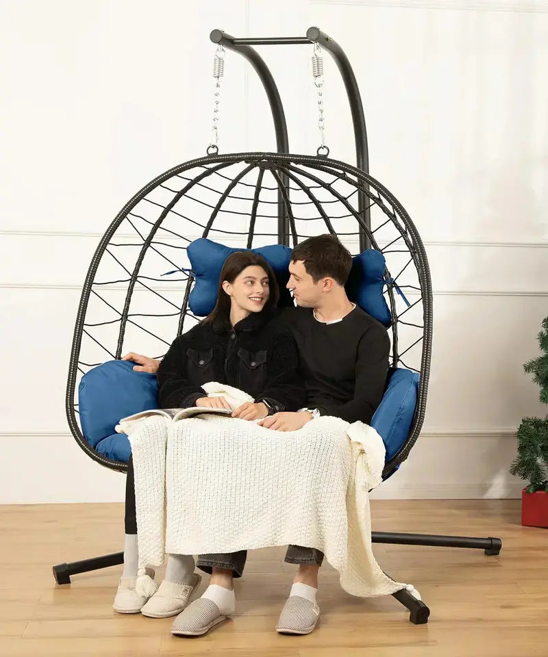 Double Egg Hammock Swing Chair  Foldable UV-Resistant Hanging Loveseat with Stand for Indoor or Outdoor Use