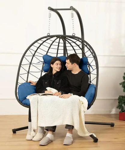 Double Egg Hammock Swing Chair  Foldable UV-Resistant Hanging Loveseat with Stand for Indoor or Outdoor Use