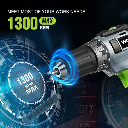 WORKPRO 20V Drill Driver Bundle: 2.0Ah Battery, 1-Hour Fast Charger & 11″ Green Tool Storage Bag