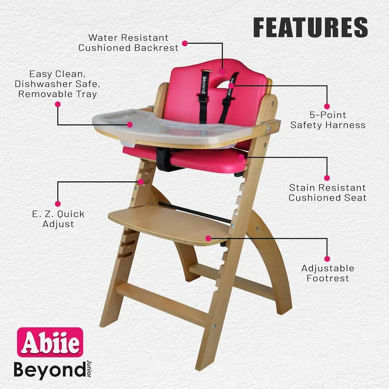 Brand Adjustable High Chair, Natural Wood & Dove Grey Cushion, Stain & Water Resistant, for Babies/Toddlers 6 Months+, Supports Up to 250 Lb