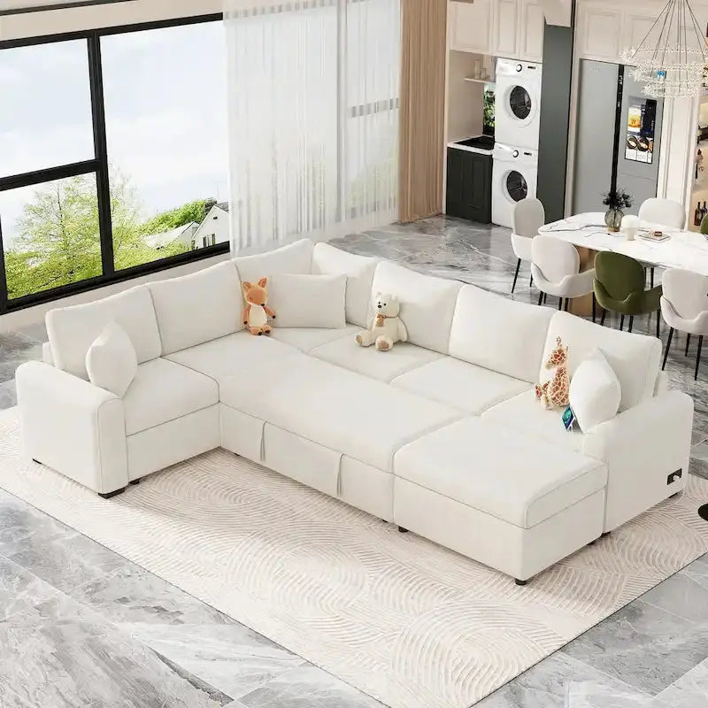 Chenille L-Shaped Sectional Sofa Bed — Pull-Out Mattress, Storage Ottoman, USB Charging & Decorative Pillows