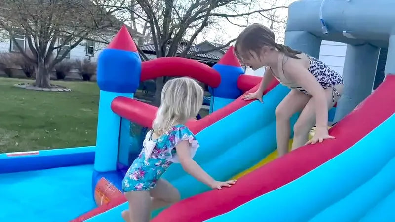 8-in-1 Inflatable Water Park for Kids: Bounce House, Slide, Climbing Wall, Splash Pool, Dual Water Cannons, Basketball Hoop & Crocodile Sprinkler  Includes 450W Blower