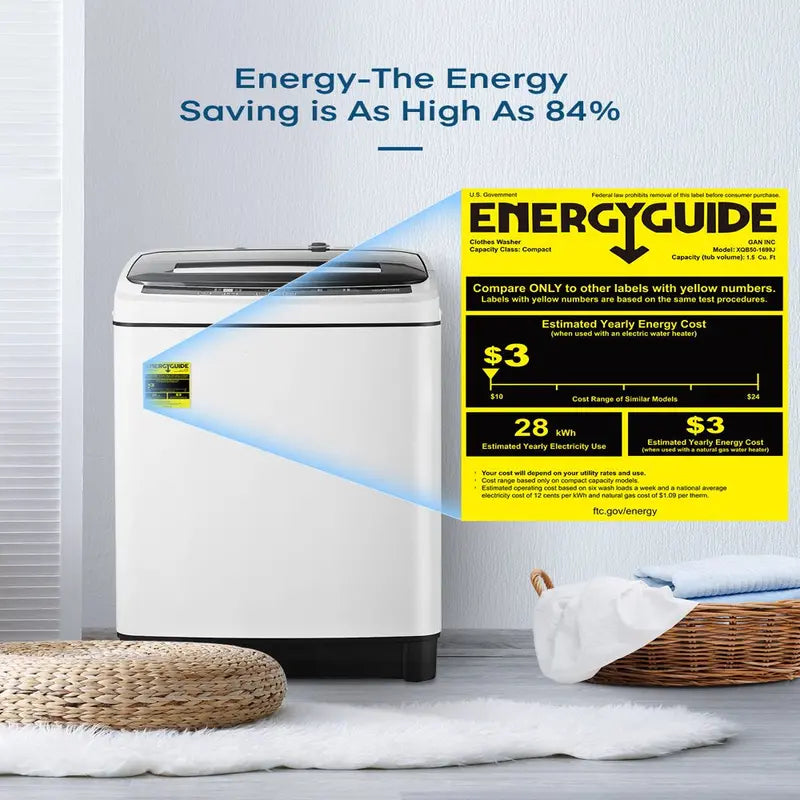 AICOOK Compact Full-Automatic Washing Machine  1.54 Cu.Ft, 8 Wash Programs, LED Control Panel