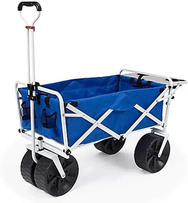 Heavy-Duty All-Terrain Beach Wagon  Collapsible Folding Cart with Side Table, Large Wheels, Ideal for Beach, Picnic & Camping (Blue/White)