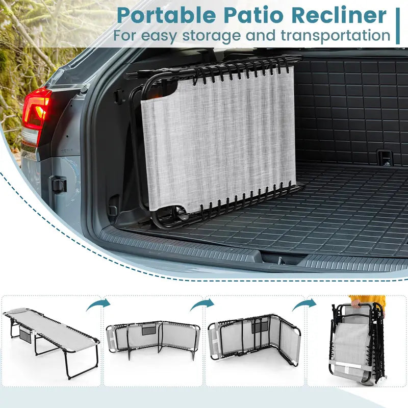 Adjustable Patio Chaise Lounge  Folding Recliner Chair with 4-Position Backrest, Side Pocket & Removable Headrest