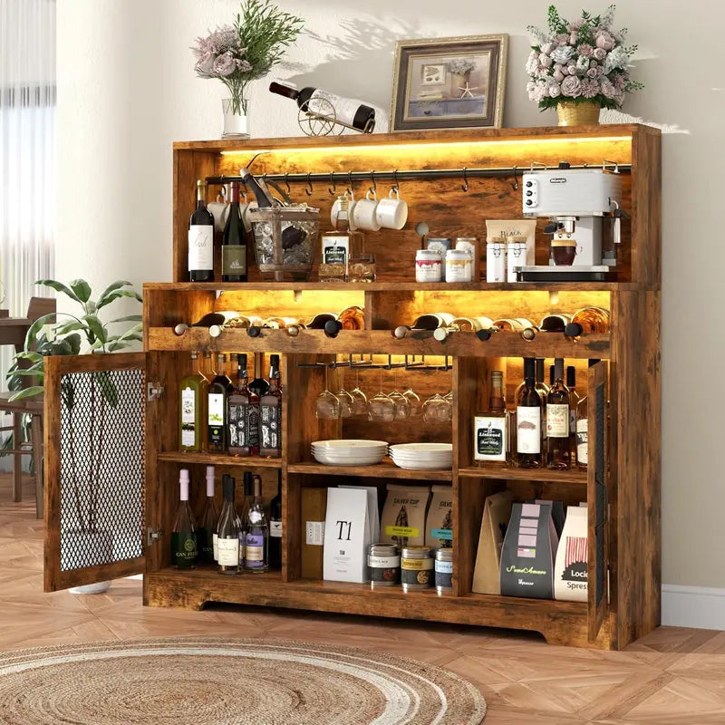 LED-Lit Wine & Liquor Bar Cabinet  Glass Shelving, Coffee Station Design, Integrated Lighting