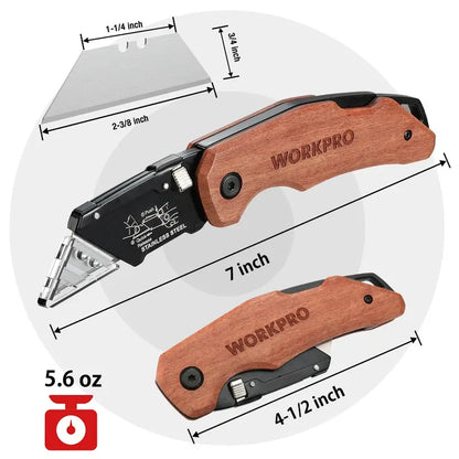 WORKPRO Heavy-Duty Folding Utility Knife  Wood Handle, Durable Blade Design