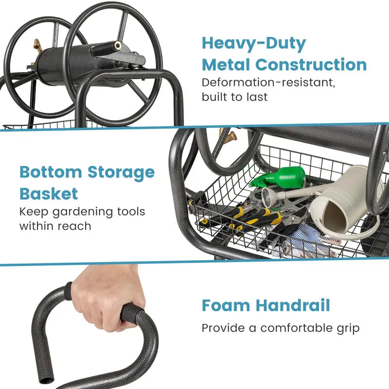 Heavy-Duty Hose Reel Cart with Integrated Storage Basket  Supports 300 Feet of 5/8-Inch Garden Hose