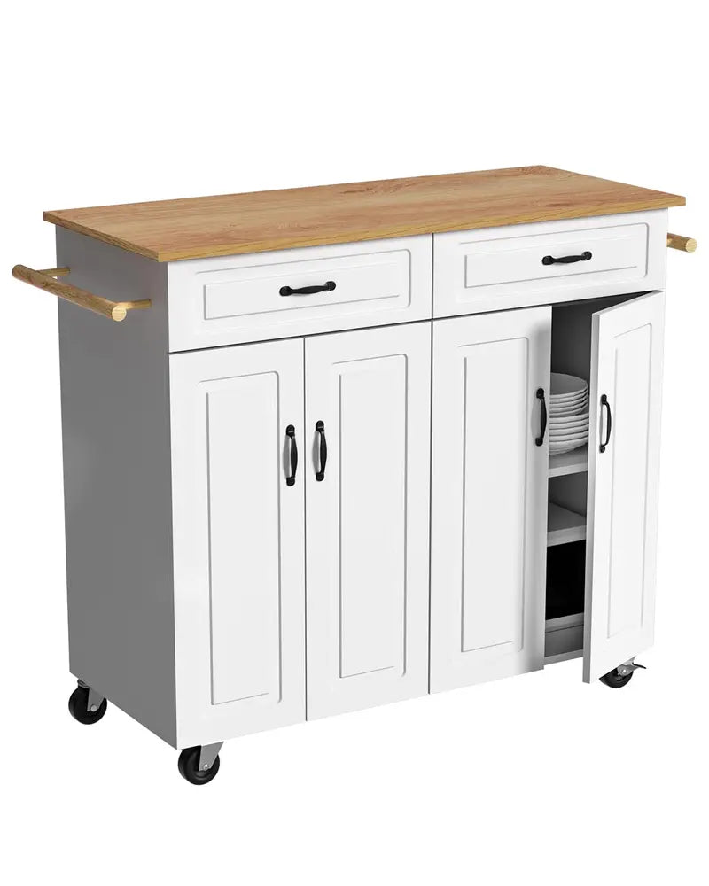 White Rolling Kitchen Island Cart with Storage — Wooden Countertop, 2 Drawers, 4 Cabinets, Towel Racks & Adjustable Shelves