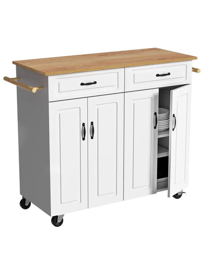 White Rolling Kitchen Island Cart with Storage — Wooden Countertop, 2 Drawers, 4 Cabinets, Towel Racks & Adjustable Shelves