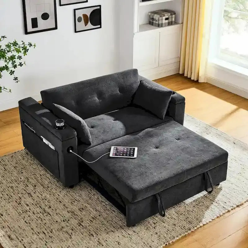 54-Inch Pull-Out Sleeper Sofa Bed  2-Seat Recliner with Storage, Lumbar Support & USB Port