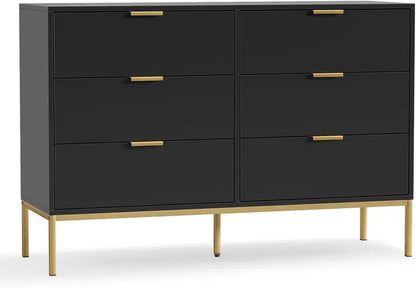 Modern 6-Drawer Bedroom Dresser  Black or White Wood Chest of Drawers with Gold-Tone Hardware, Versatile for Living Room or Hallway