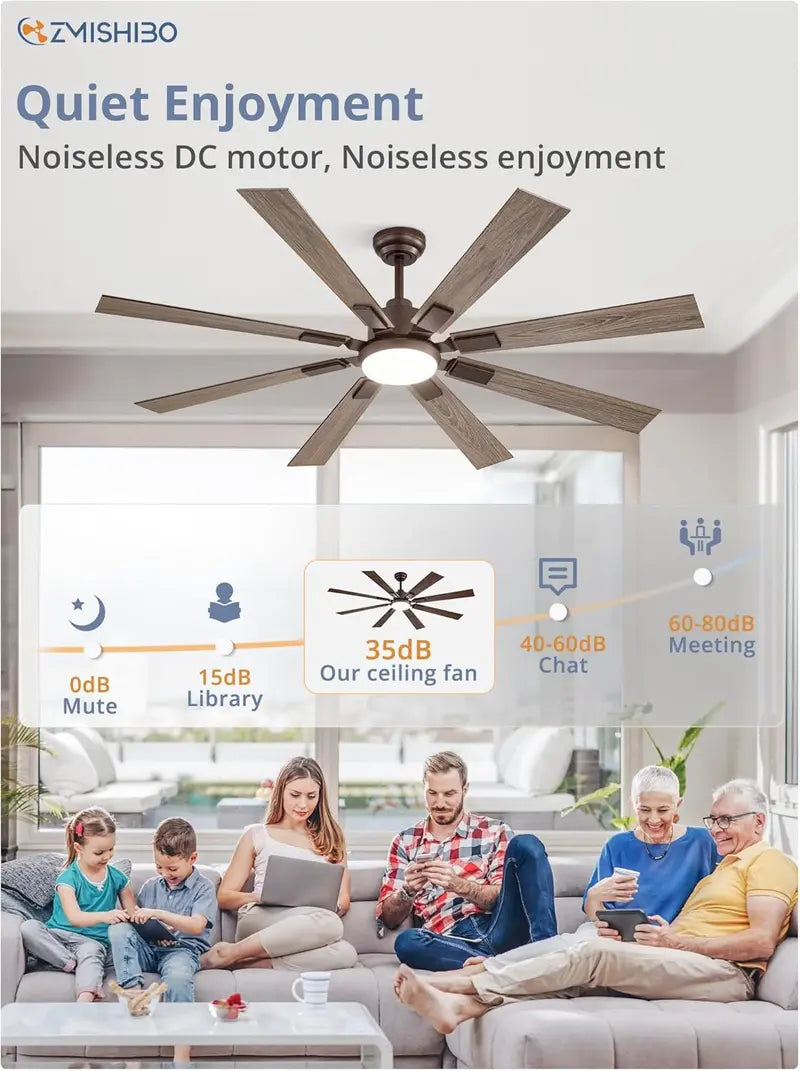ZMISHIBO 72-Inch Dual-Finish Ceiling Fan with Integrated Light & Remote | Indoor/Outdoor Quiet DC Motor, 6-Speed Reversible, 3-CCT Adjustable Lighting, 8-Blade Modern Design