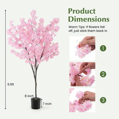 6.5-Foot Artificial Cherry Blossom Tree  Pink Blooming Faux Plant in Cement Planter