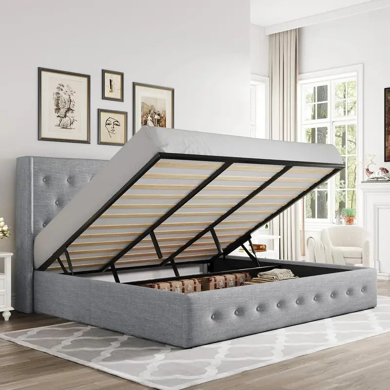 Allewie Modern Hydraulic Lift Queen Storage Bed  Wingback Headboard, Light Beige