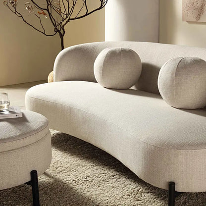 Curved 3-Seater Linen-Blend Sofa  Beige Contemporary Design with Decorative Ball Cushions