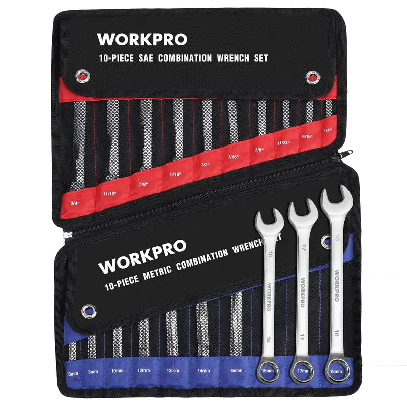 WORKPRO 20-Piece Cr-V Combination Wrench Set  Metric (618mm) & SAE (1/4″3/4″) 12-Point