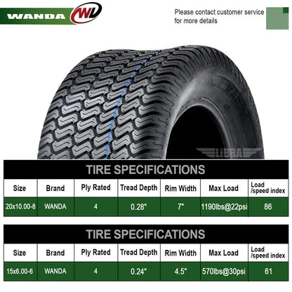 Set of 4 New Lawn Mower Turf Tires 15¡Á6-6 Front and 20¡Á10-8 Rear /4PR -13016-13040