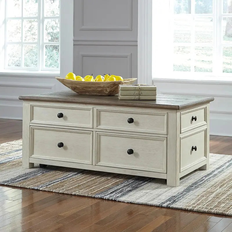 Ashley Bolanburg Lift-Top Coffee Table with Storage Drawers  Antique Cream and Brown Finish