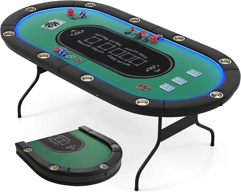 LED-Illuminated Foldable Poker Table for Texas Hold’em and Blackjack (84″ Wide)