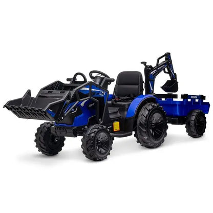 24V 3-in-1 Ride-On Tractor  Excavator & Bulldozer Functions, Remote Control, LED Lights, Bluetooth Audio (Blue)