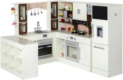 BRINJOY Kids Modular Wooden Kitchen Playset with Light & Sound, Corner Kitchen, Fridge & Storage  Perfect Gift for Toddlers