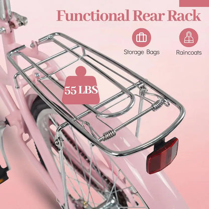 Classic Beach Cruiser Bike  Front Basket, Rear Rack, Bell  Designed for Teens & Adults