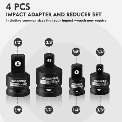 WORKPRO 4-Piece Impact Driver Socket Adapter Kit: 1/4″, 3/8″, and 1/2″ Drive Converters