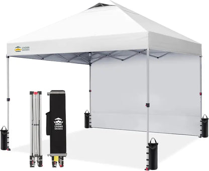 CROWN SHADES 10′ x 10′ Pop-Up Canopy with Single Sidewall: Portable Event Shelter for Parties, Campgrounds, and Outdoor Markets — Includes STO-N-Go Carry Bag