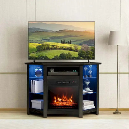 Costway Electric Fireplace TV Stand  LED-Lit Media Console with 18″ Heater & Adjustable Flame Effects