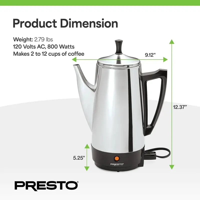 Presto 12-Cup Stainless Steel Percolator  Fast-Brewing Stovetop Coffee Maker (Silver)