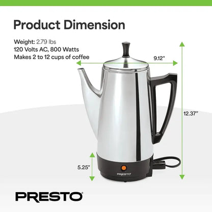 Presto 12-Cup Stainless Steel Percolator  Fast-Brewing Stovetop Coffee Maker (Silver)