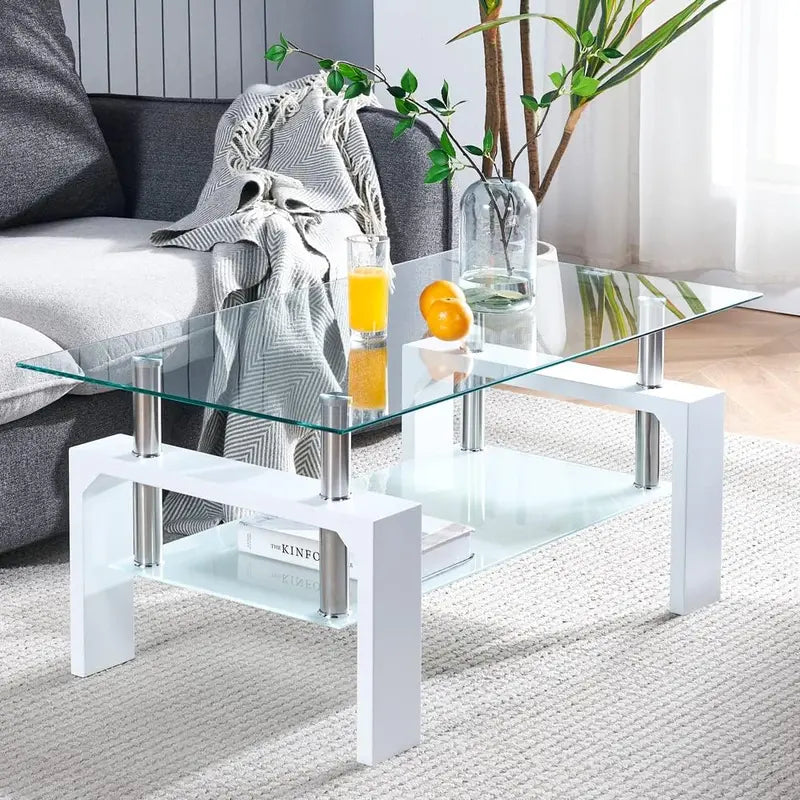 Contemporary Rectangle Coffee Table  Glass-Topped Living Room Side Table with Wooden Legs, Ideal for Waiting Areas