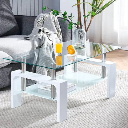 Contemporary Rectangle Coffee Table  Glass-Topped Living Room Side Table with Wooden Legs, Ideal for Waiting Areas