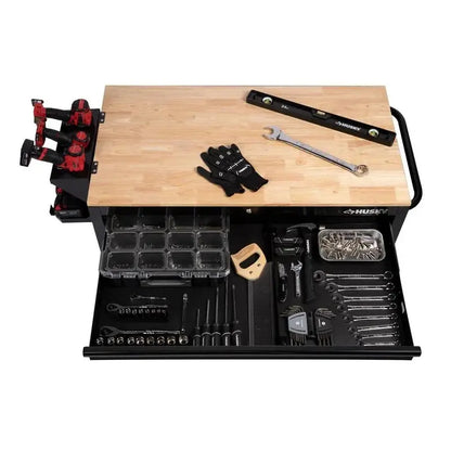 High-Gloss Black Mobile Workbench with 9 Drawers, Hardwood Work Surface, and Built-in Power Outlet