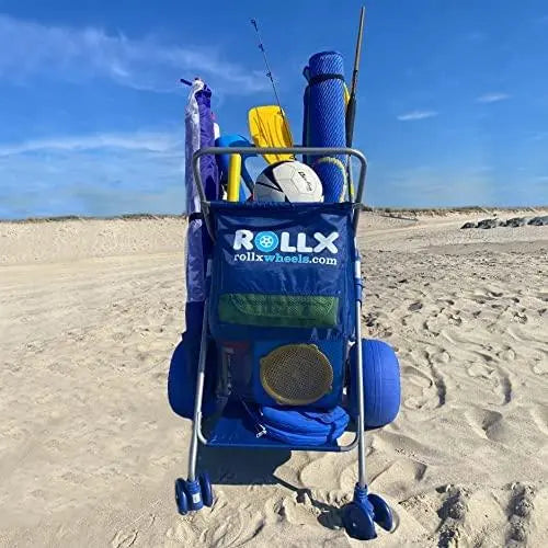 RollX Foldable Beach Cart  12″ Balloon Tires, Mesh Storage Pockets & Umbrella Holder (Blue)