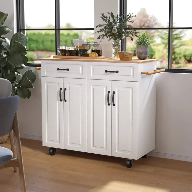 White Rolling Kitchen Island Cart with Storage — Wooden Countertop, 2 Drawers, 4 Cabinets, Towel Racks & Adjustable Shelves