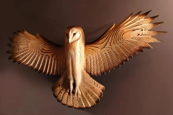 TimberHaven Wooden Owl Wall Art  ‘Majestic’ Carved Bird Decor in Natural Wood Finish