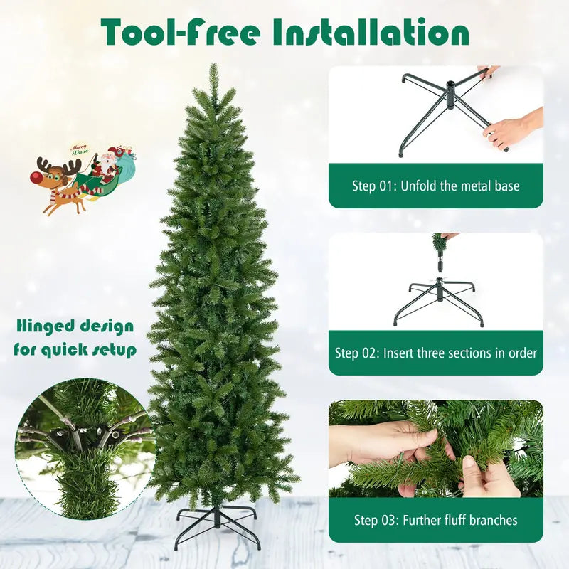 6-Foot or 7-Foot Pre-Lit Slim Pencil Christmas Tree with Realistic PVC/PE Branch Tips